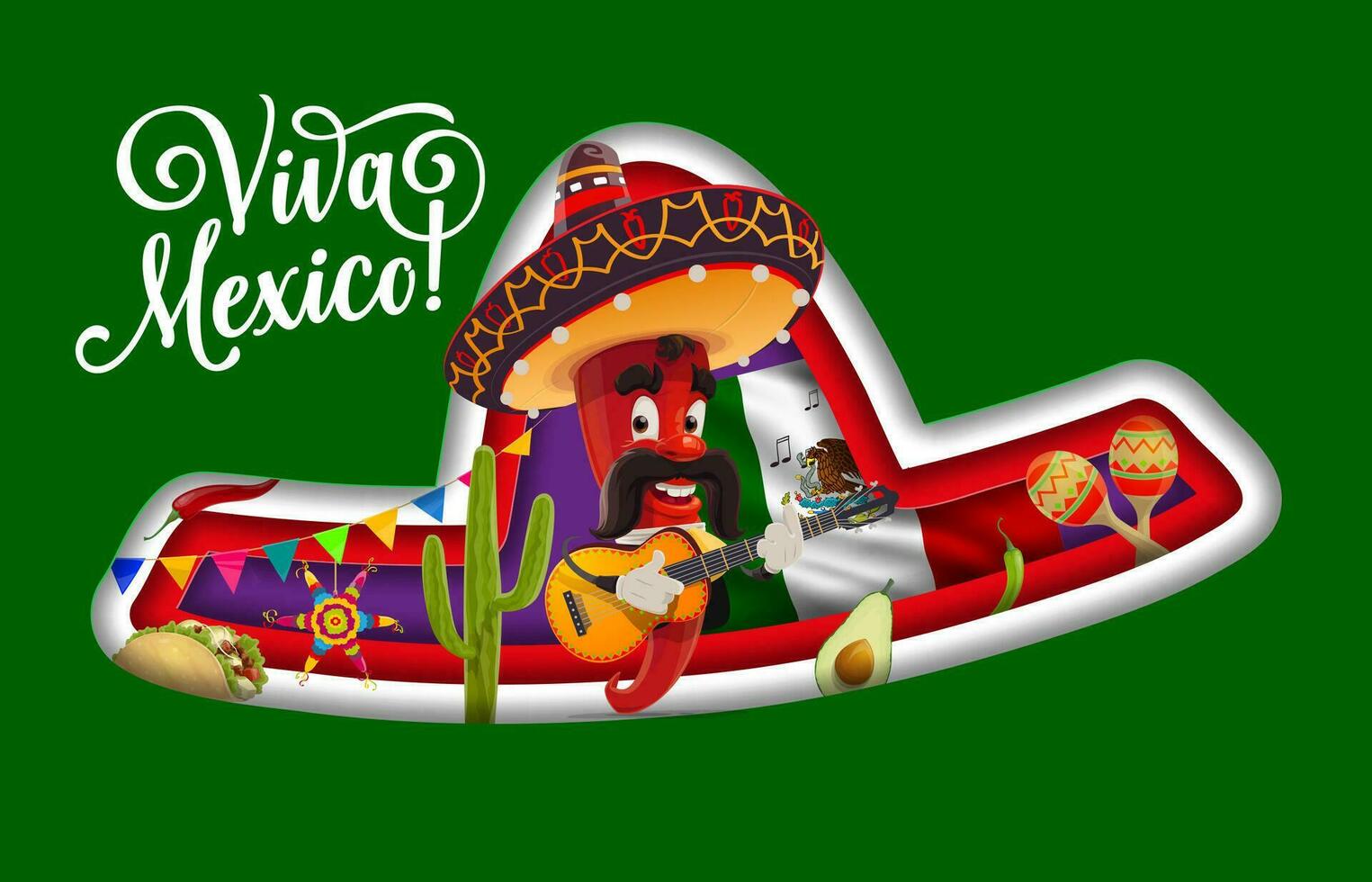 Viva mexico paper cut banner sombrero and chili vector