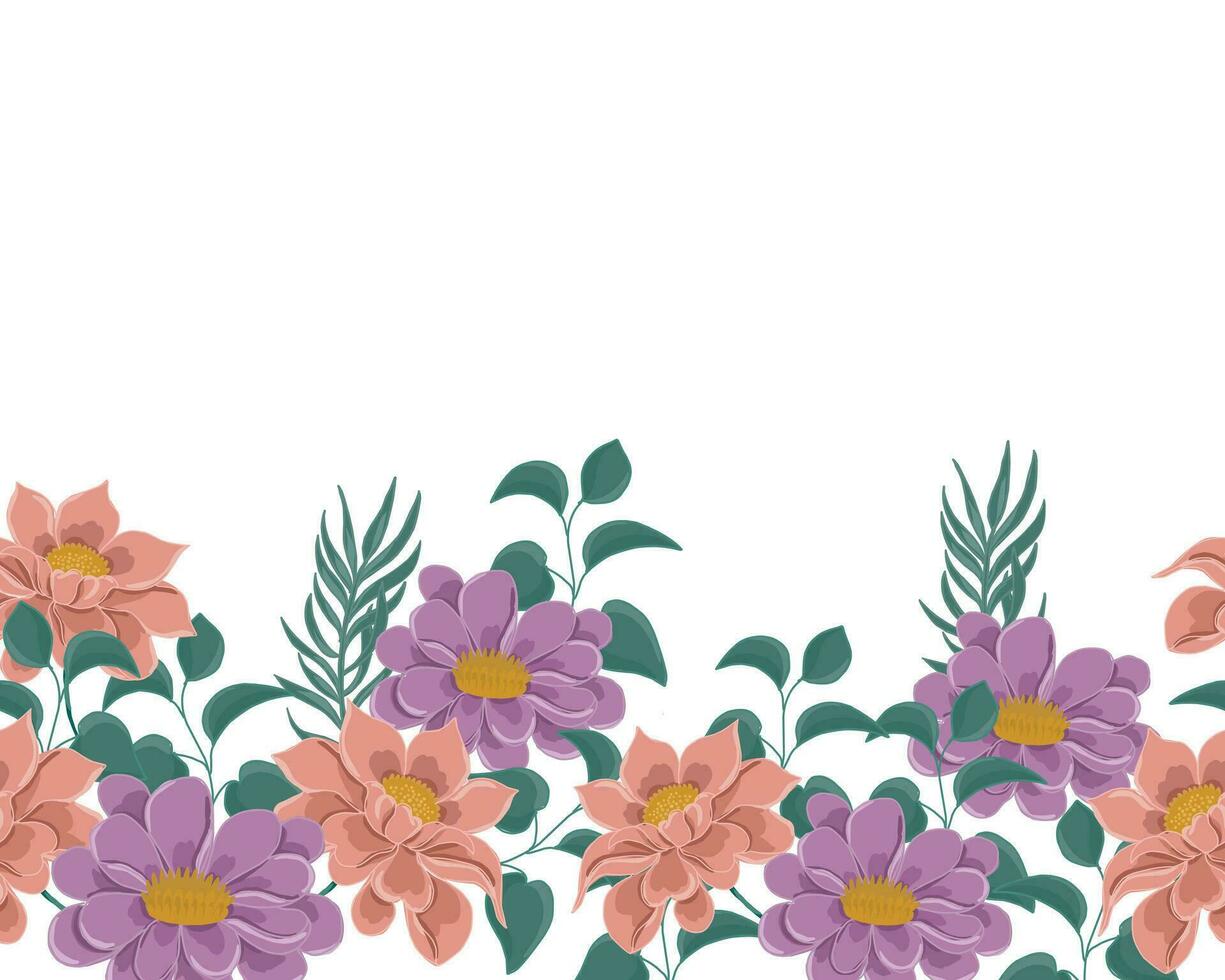 Hand Drawn Purple Flower and Leaves Seamless background vector