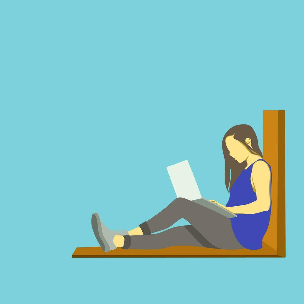 Flat illuatration of a woman sitting on a wooden chair with a laptop vector