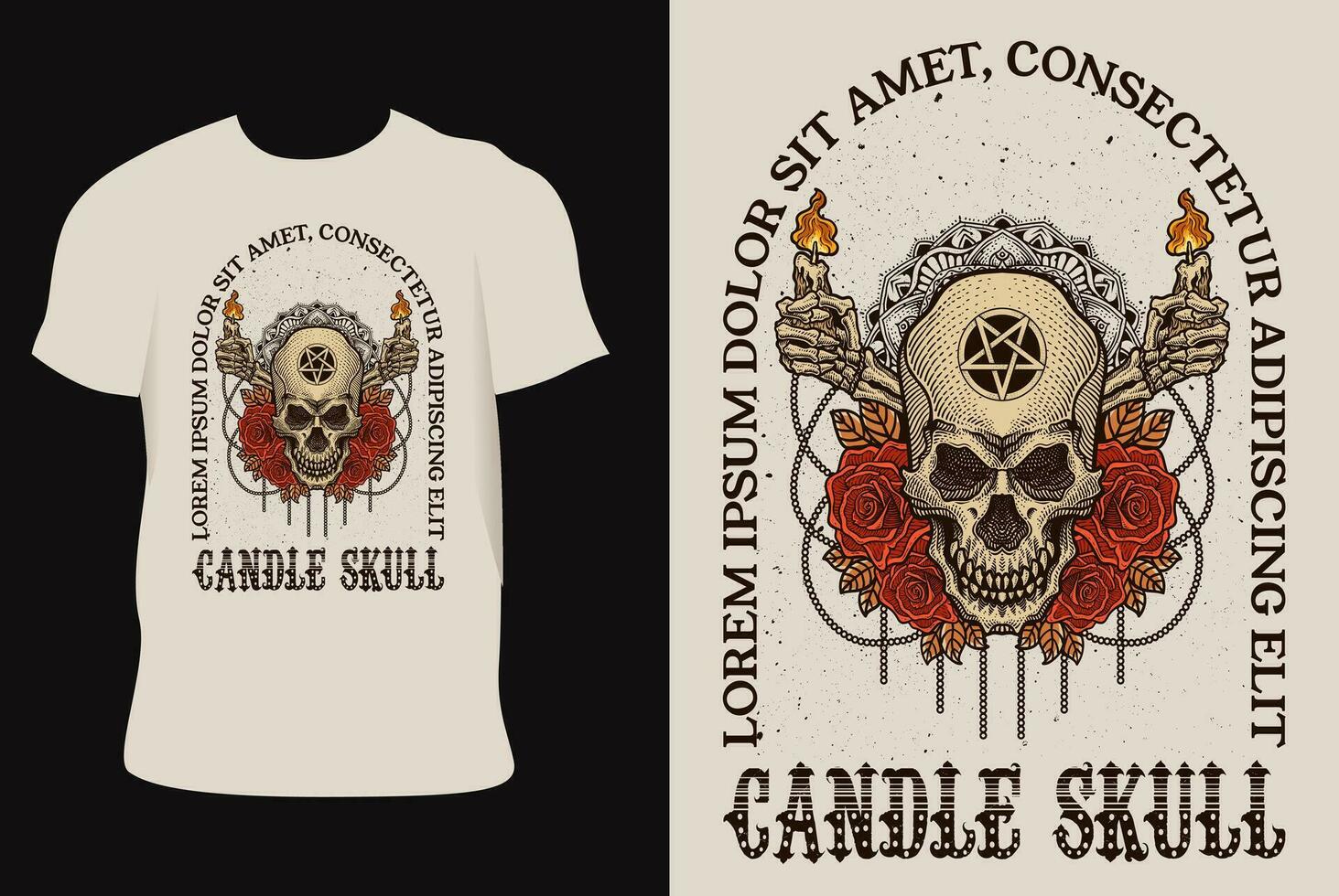 Illustration Hand drawn. Skull candle with rose flower vector