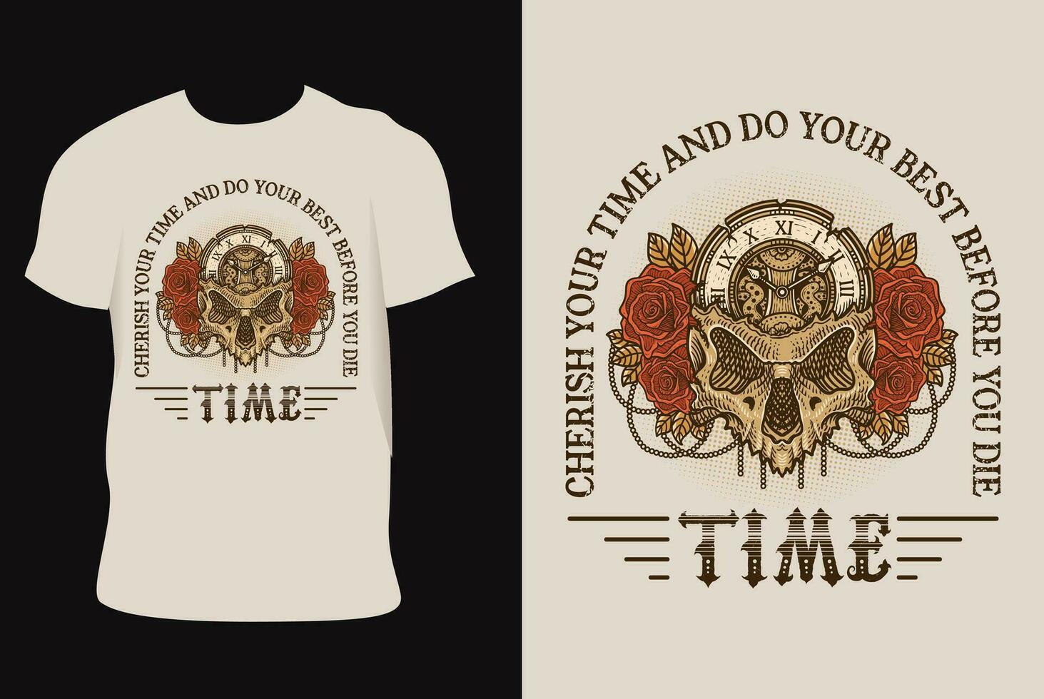 Illustration antique skull time piece with rose flower vector