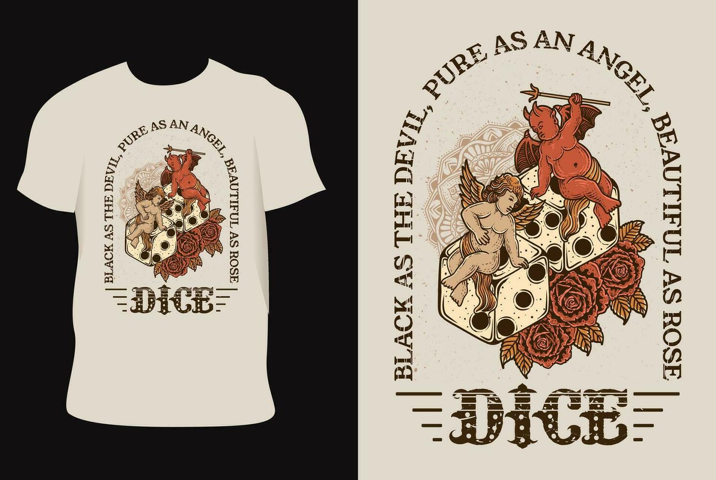 Illustration hand drawn. Angel sitting on dice with rose flower vector