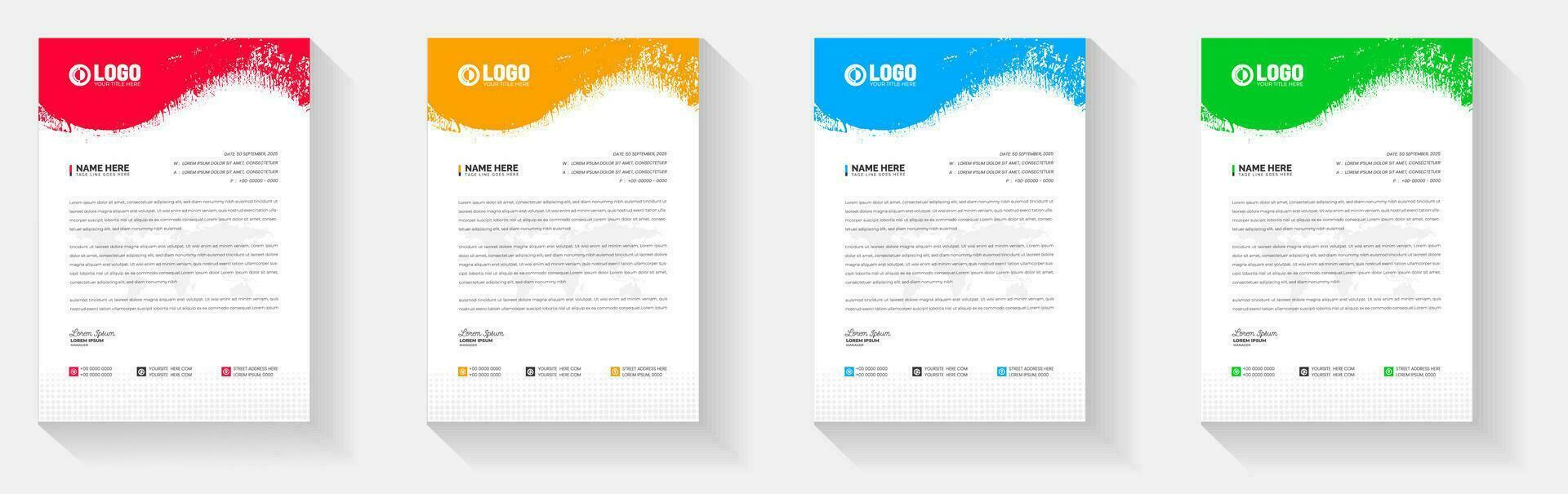 Grunge watercolor paint brush strokes texture effect corporate business letterhead design template set with red, blue, green and yellow color. vector