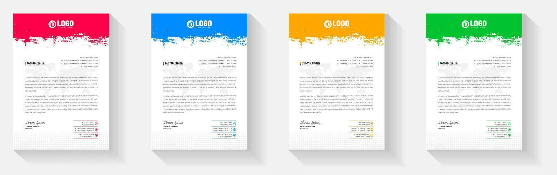 Grunge watercolor paint brush strokes texture effect corporate business letterhead design template set with red, blue, green and yellow color. vector