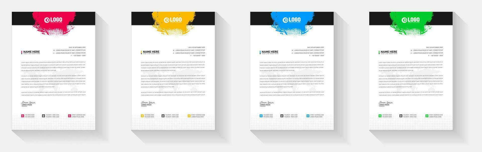 Grunge watercolor paint brush strokes texture effect corporate business letterhead design template set with red, blue, green and yellow color. vector