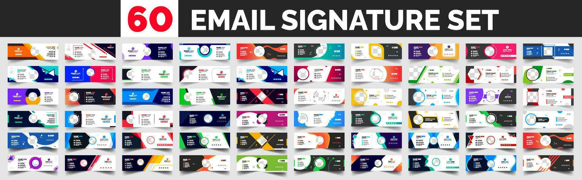 big mega set of 60 Collection Email Signatures Bundle mega collection, email footer template set, Email signature and email footer or social media cover design template set with unique shape. vector