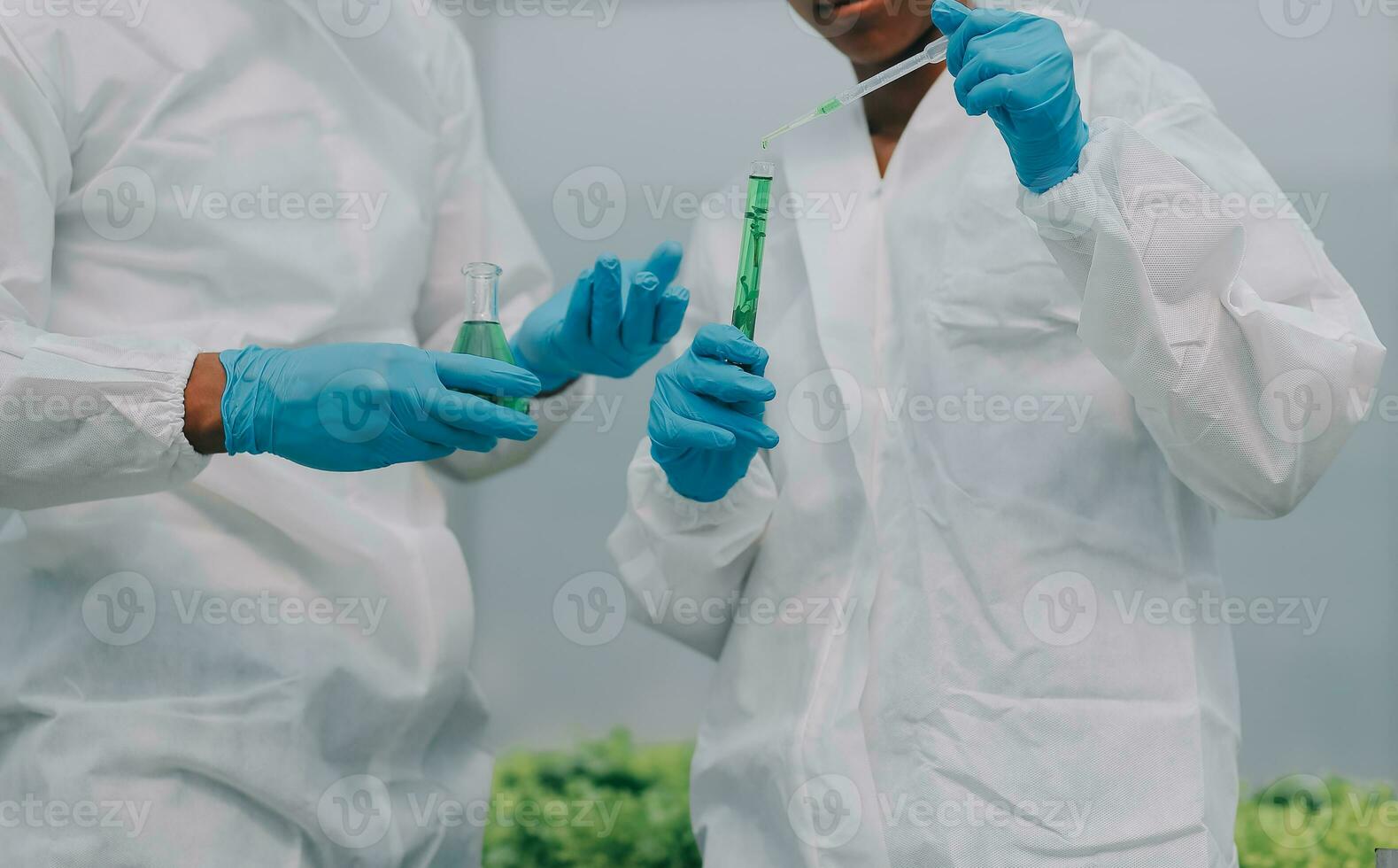 Man and woman use a test tube and a pipette while working in a greenhouse. photo