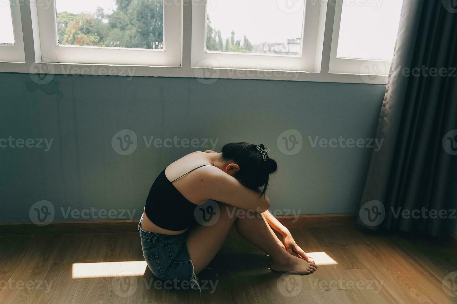 panic attacks alone young girl sad fear stressful depressed emotional.crying use hand cover face begging help.stop abusing domestic violence in women,person with health anxiety,people bad feeling down photo