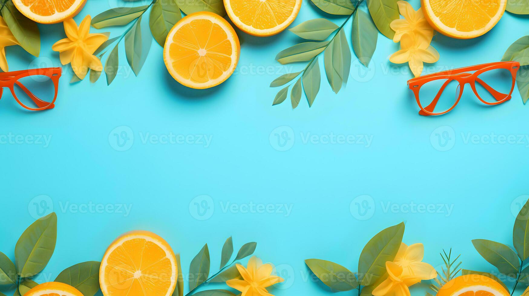 AI generated Orange slices, green leaves and sunglasses background with copy space photo
