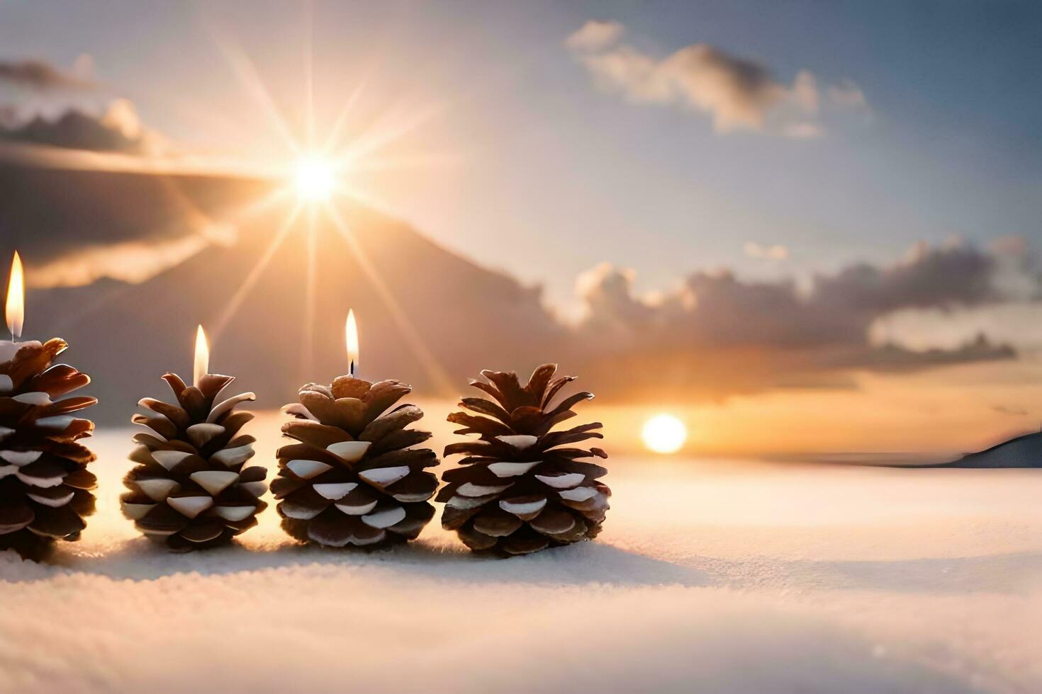 AI generated candles and pine cones on the snow at sunset photo