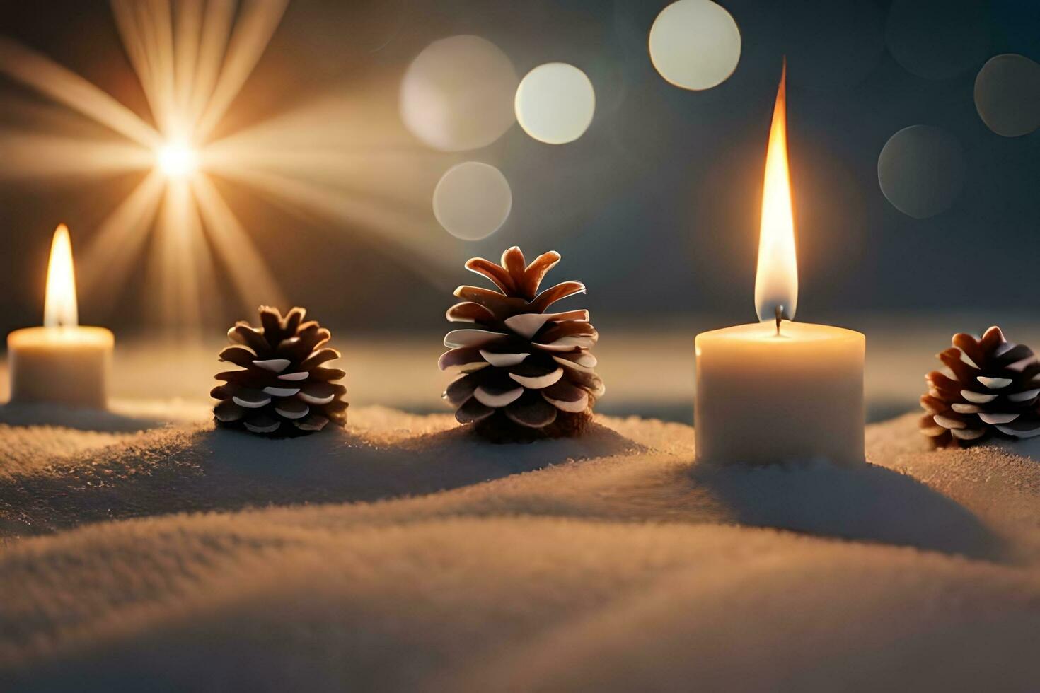 AI generated candles and pine cones on the snow at sunset photo