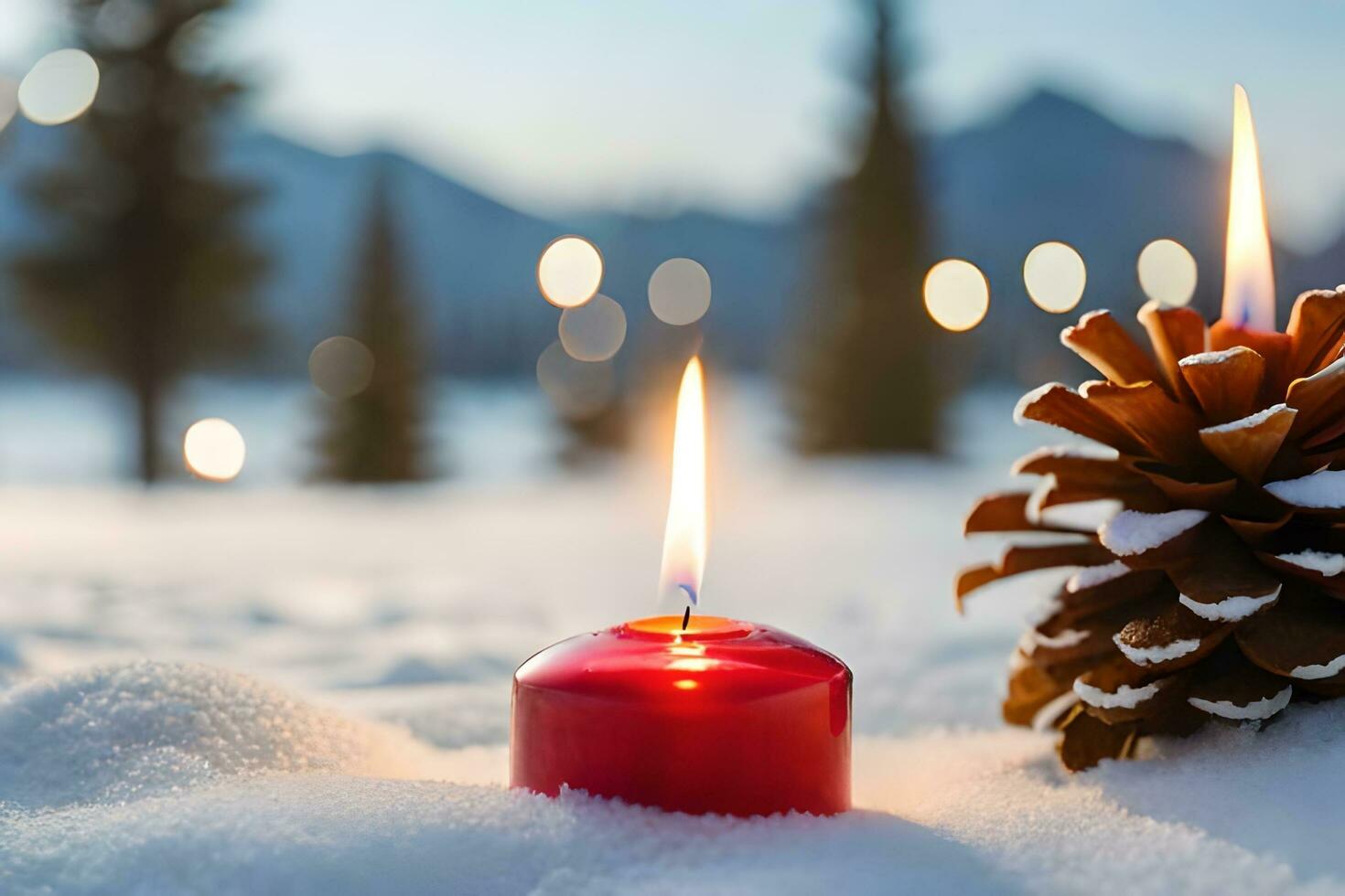 AI generated candles and pine cones on the snow at sunset photo