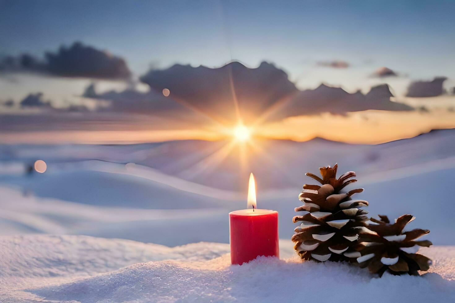 AI generated five pine cones with candles in the snow photo