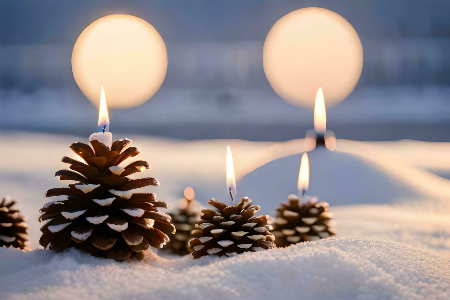 AI generated five pine cones with candles in the snow photo