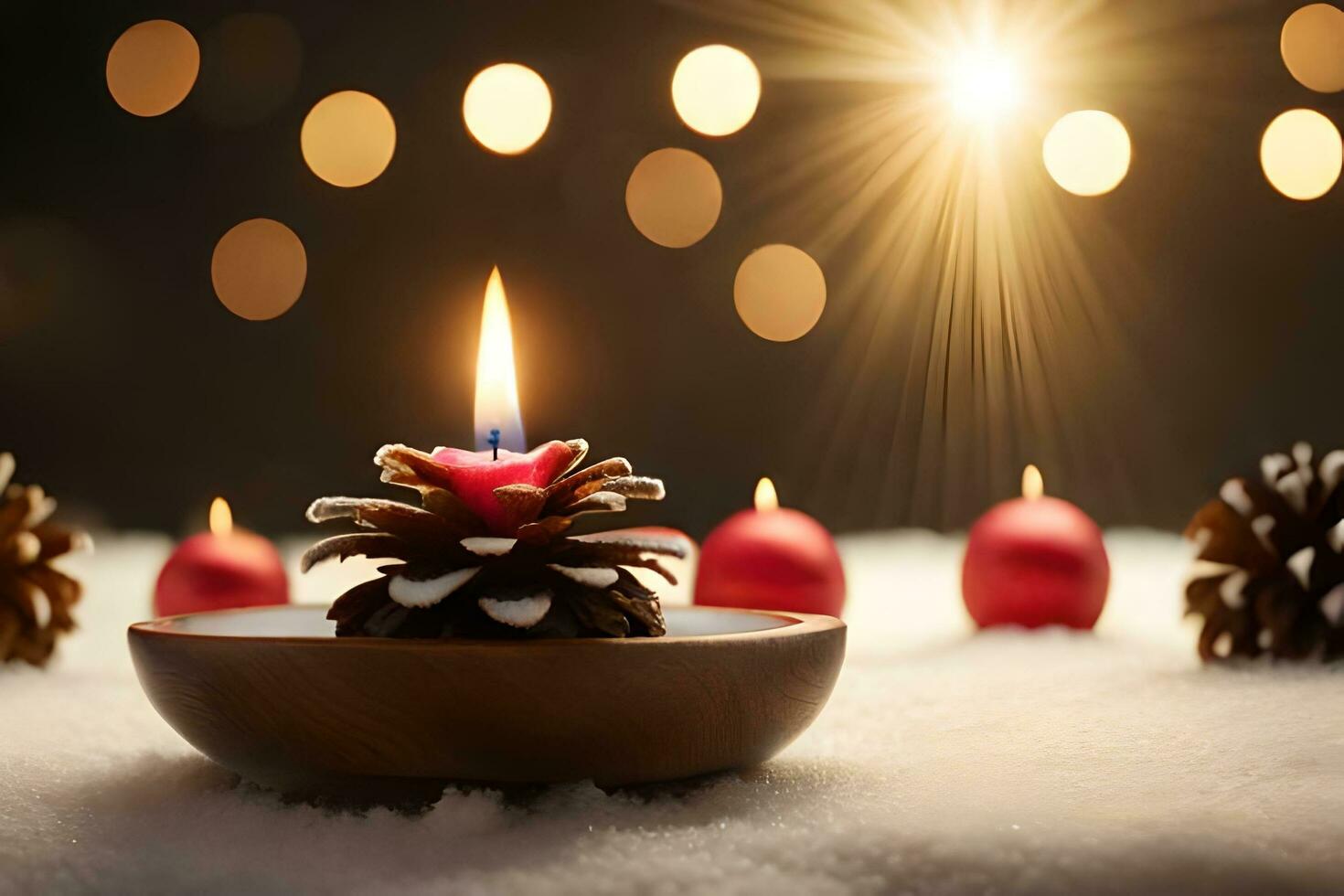 AI generated five pine cones with candles in the snow photo