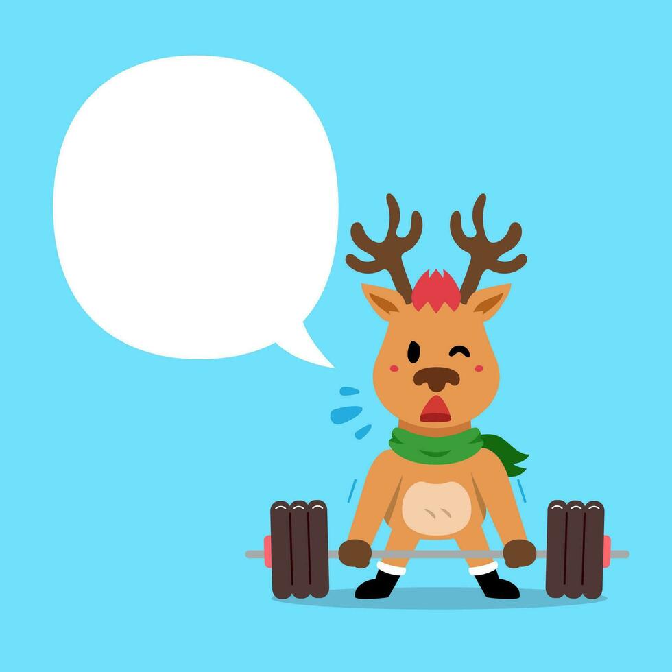 Cartoon character christmas reindeer doing barbell weight training with speech bubble vector