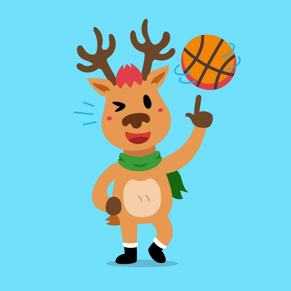 Vector cartoon character christmas reindeer playing basketball