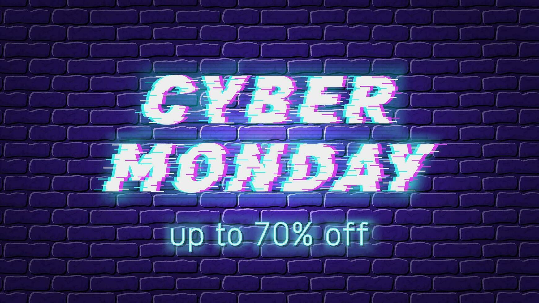 Cyber Monday inscription in glitch style, signal interference on TV. Sale promotion banner on a dark brick wall. Dark tones design template with neon glow. vector