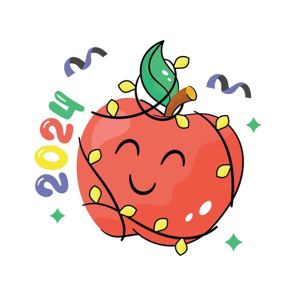 Artificial apple decorated with small lights, happy new year 2024 decorations vector