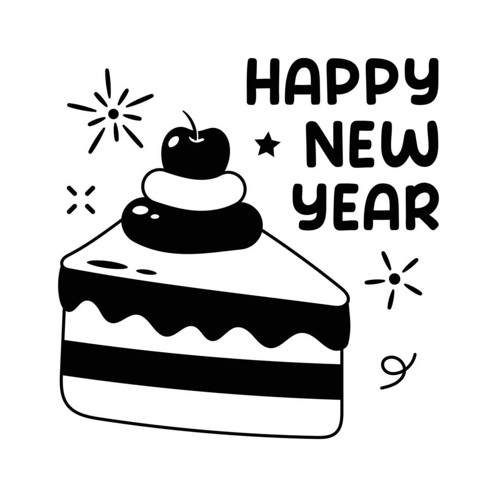 A piece of chocolate cake with cream and cherry on topping, concept icon of happy new year 2024 cake vector