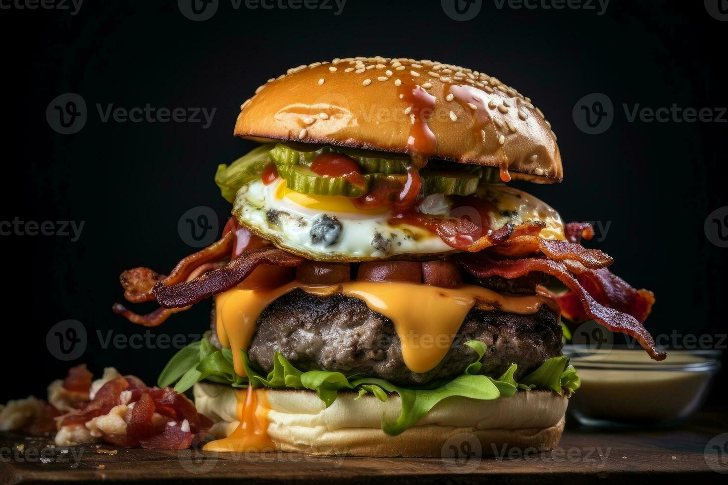 AI generated Photo of a mouthwatering American hamburger with all the fixings on a spotless white countertop. Generative AI