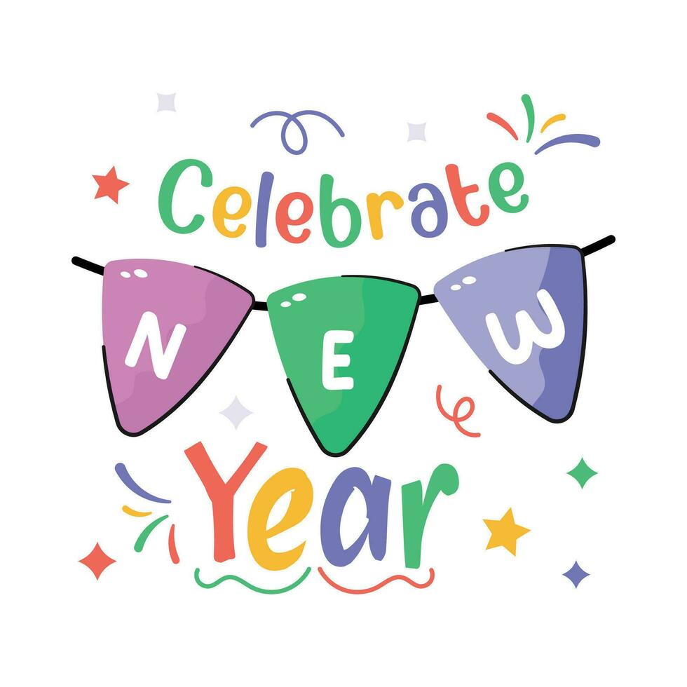 Have a look at this beautiful and amazing flat sticker of happy new year, new year celebration hand drawn sticker vector