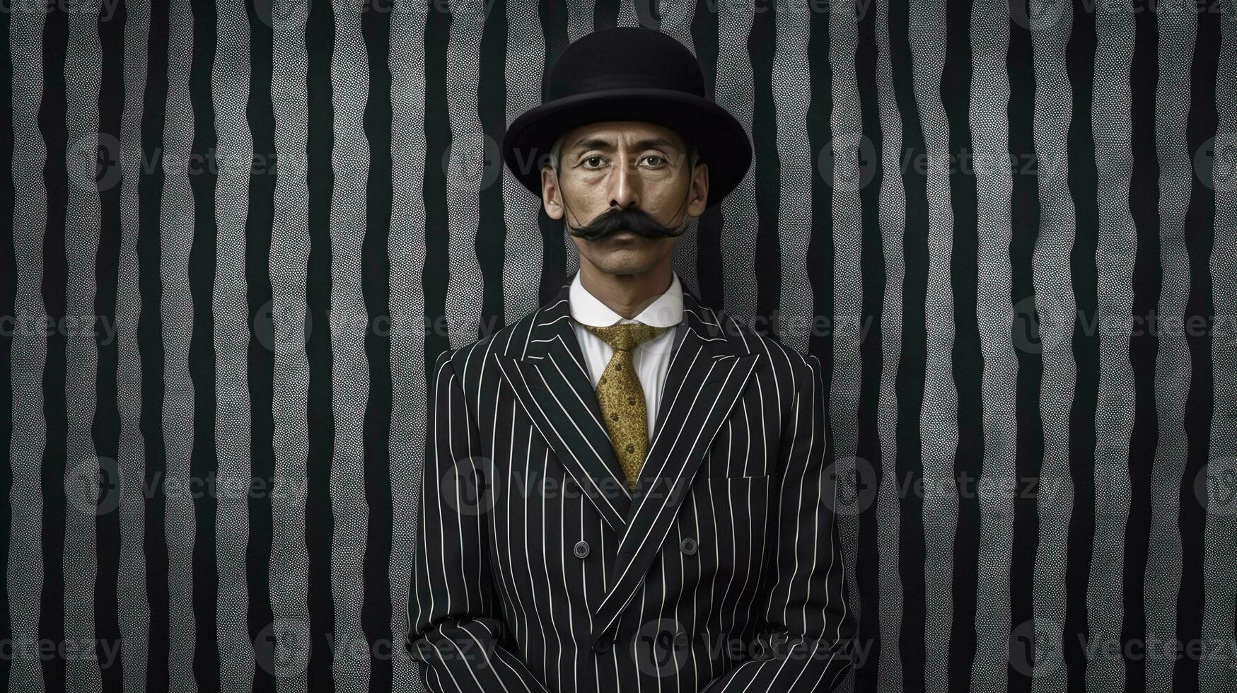 AI generated a dapper gentleman with a mustache, wearing a suit and a tie. photo