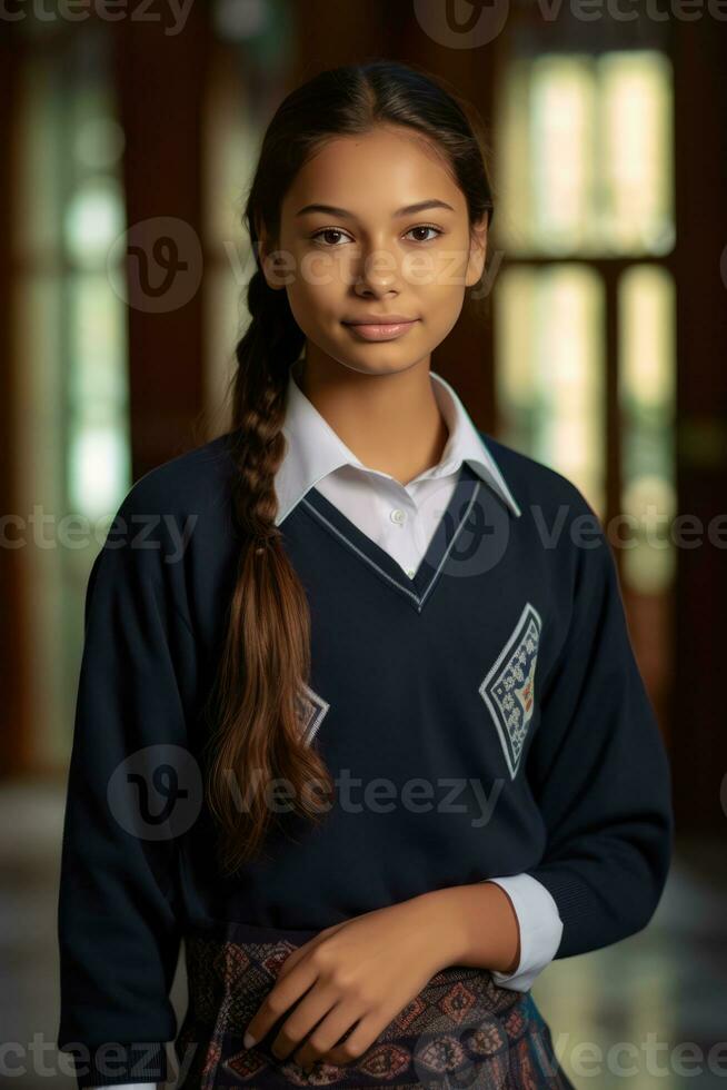 a beautiful young girl wearing a school uniform, which includes a gray sweater and a blue skirt. photo