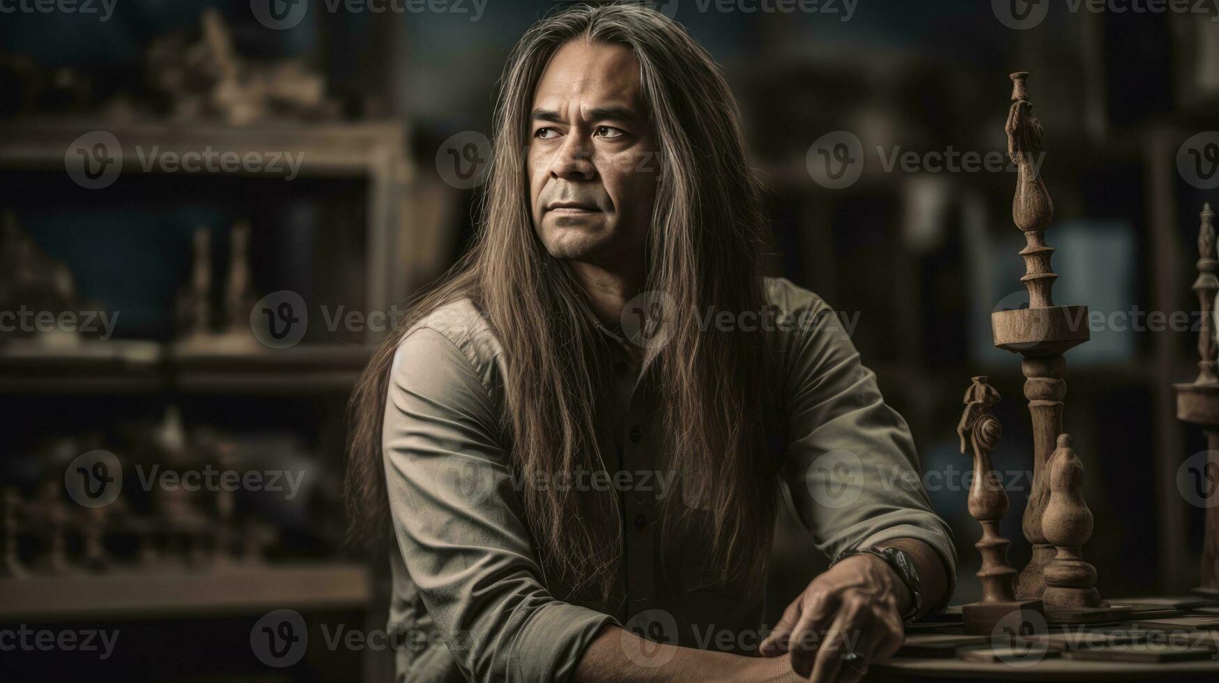 AI generated a Native American man with long hair and a mustache sitting in a dark room. His gaze is directed towards the camera, capturing the viewer's attention. photo