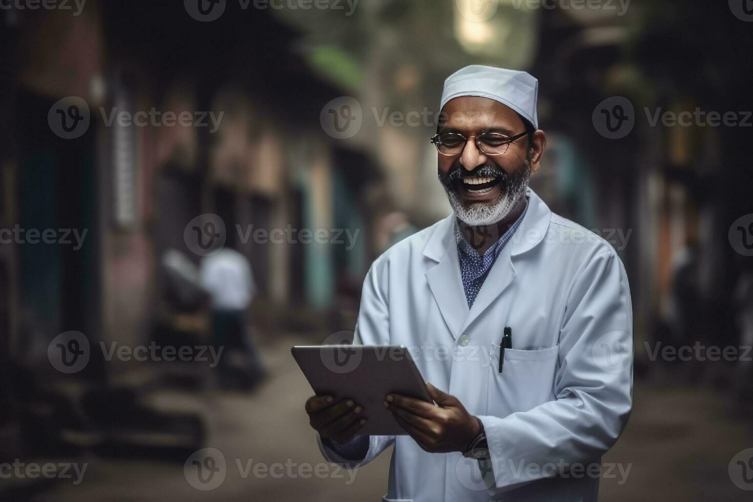 ai generado un contento hombre vistiendo anteojos, un blanco abrigo, y un fez sombrero. foto