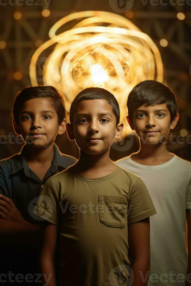 AI generated three young boys standing next to each other and posing in front of a bright light, likely a sun or a bright artificial light source. photo