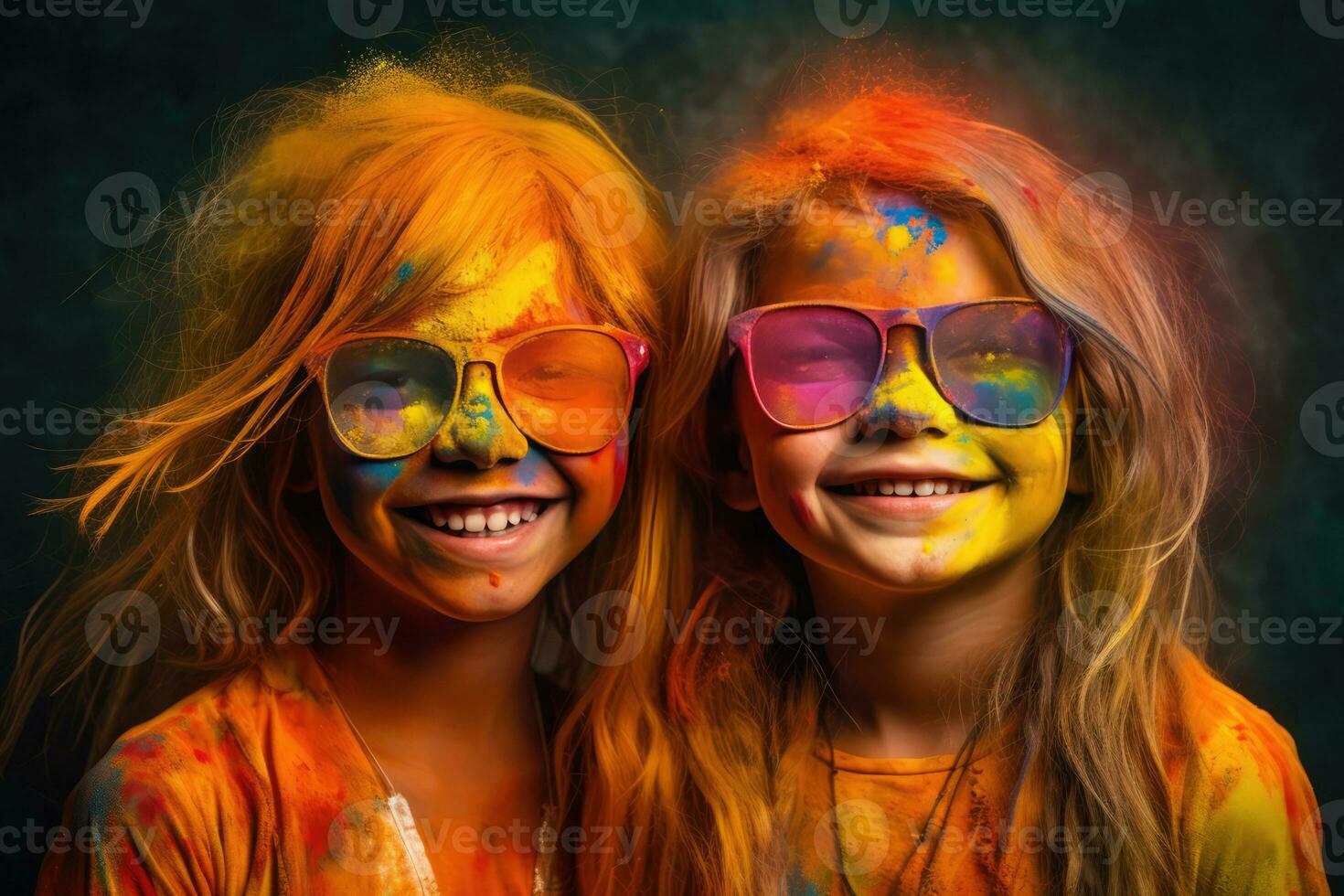 two young children are enjoying themselves, with multicolored paint on their faces. photo