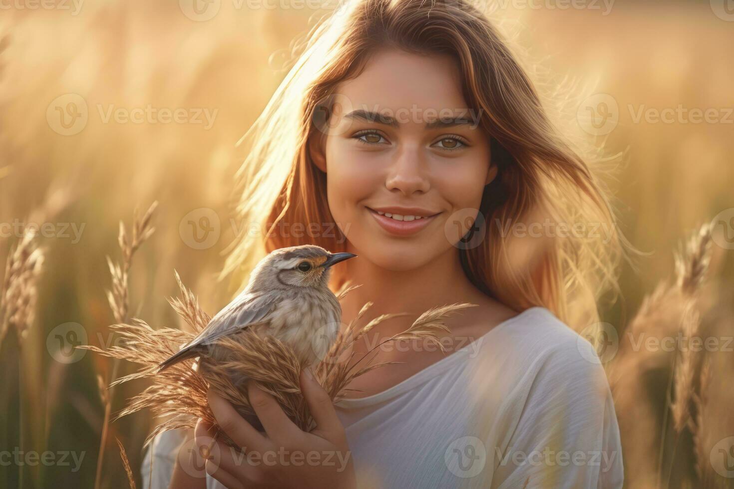AI generated an attractive woman with long brown hair standing in a field and gently holding a bird in her hands. photo