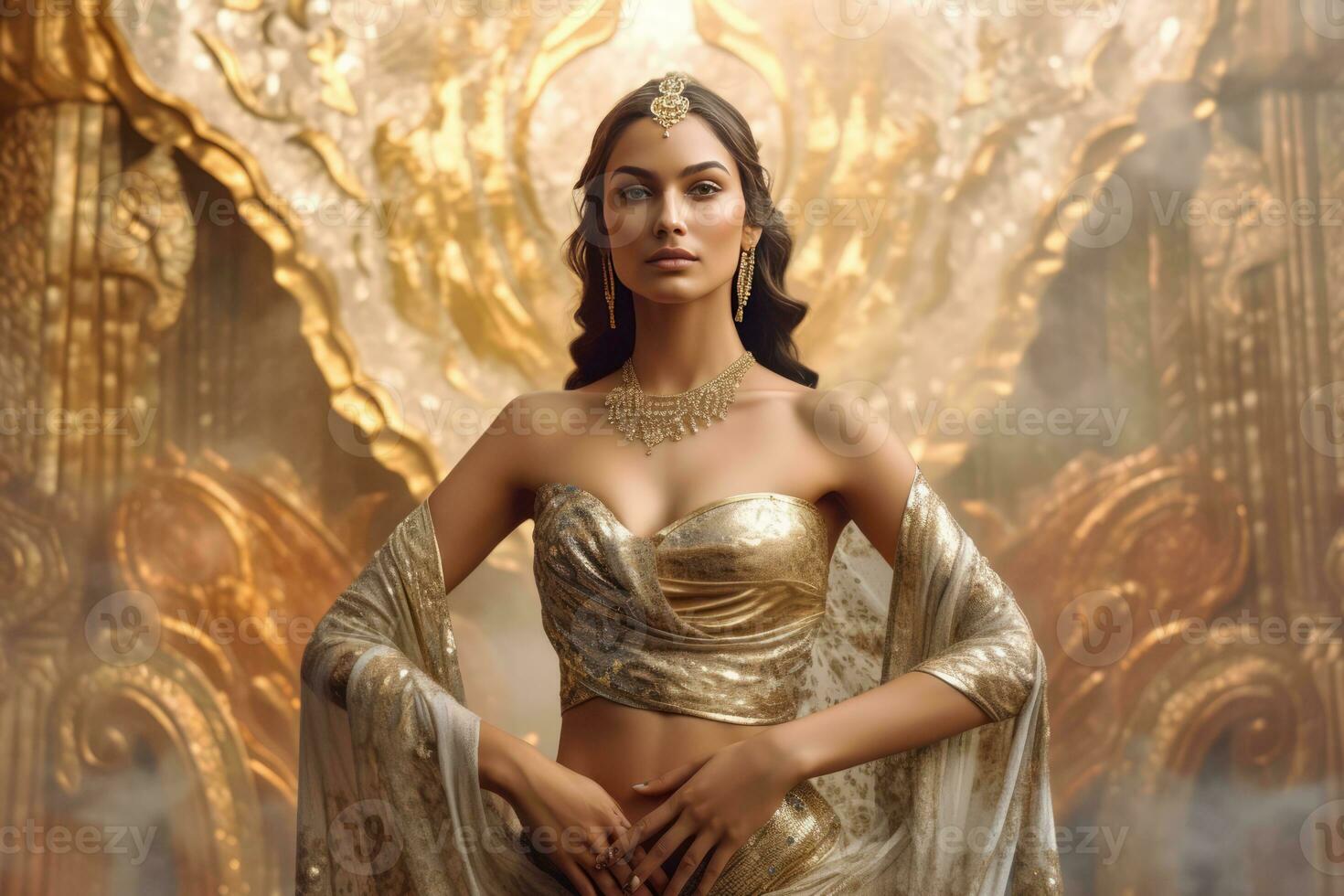 a beautiful woman, dressed in a gold and white gown, adorned with wings and a halo, signifying her status as an angelic being. photo