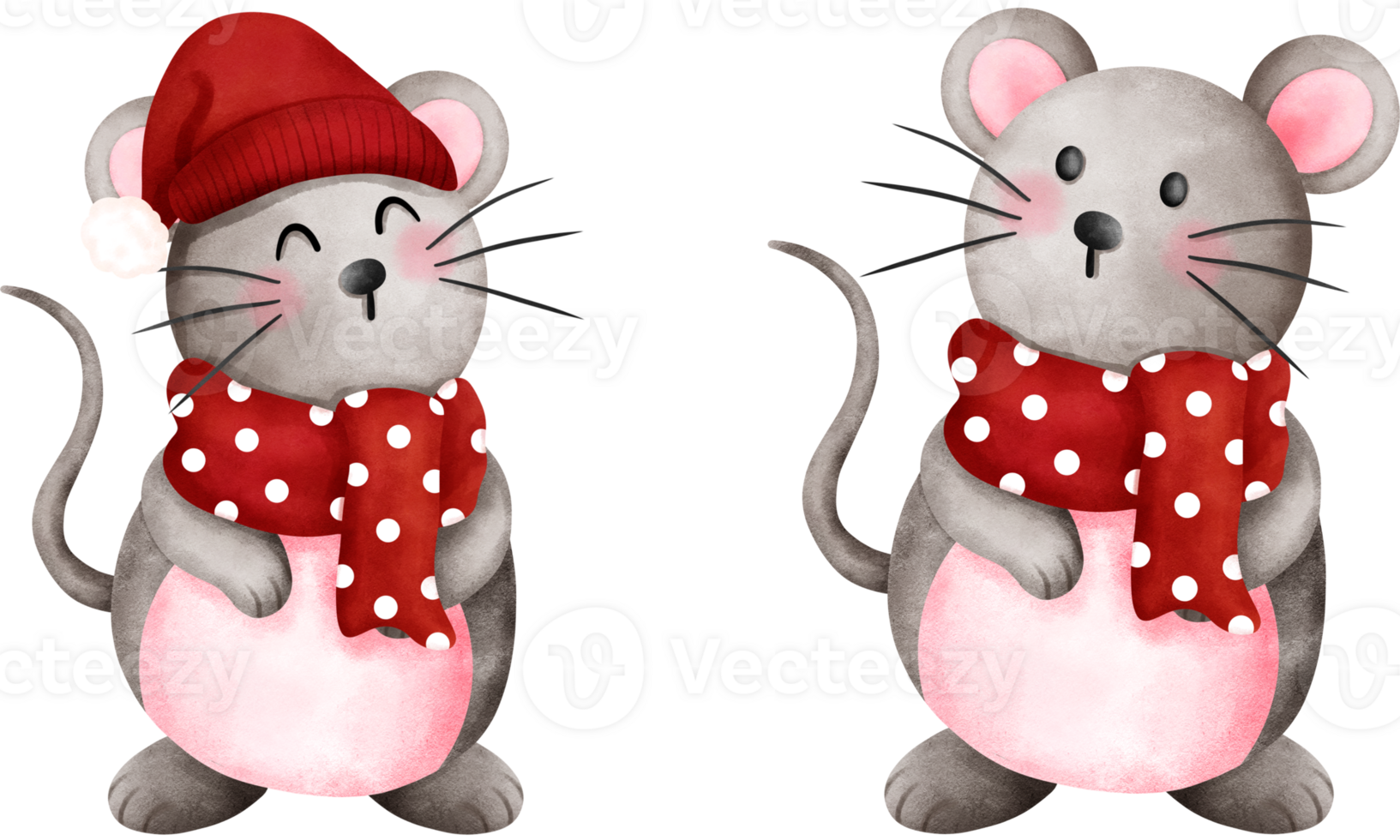 Set of adorable watercolor christmas baby mouse in red santa hat and scarf illustration. png