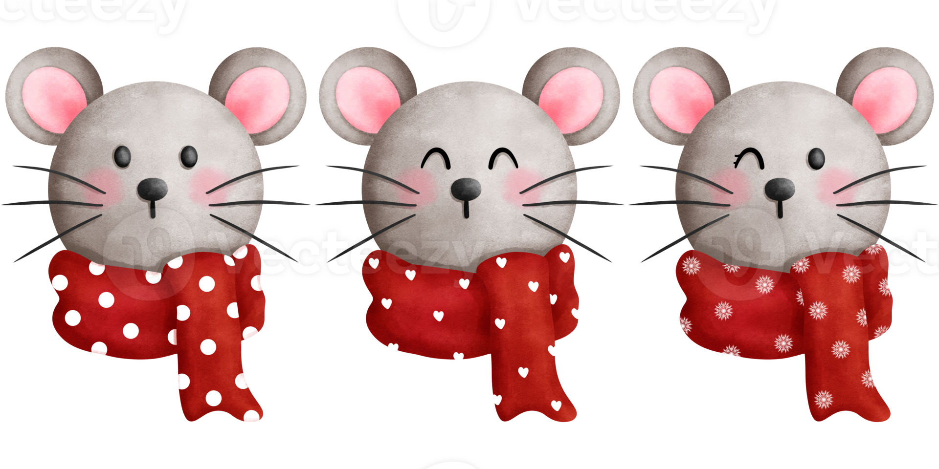 Set of watercolor cute christmas mouse illustration with red scarf.Christmas animals head clipart collection. png