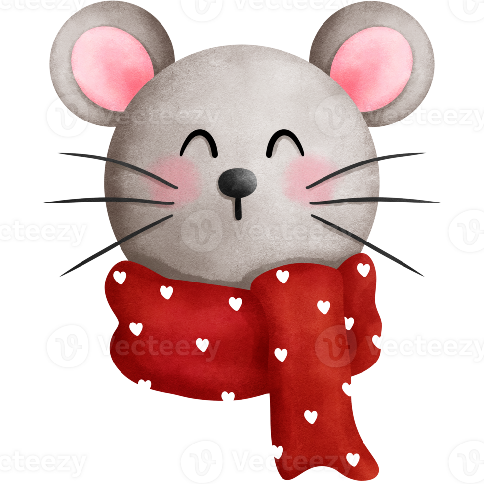 Watercolor cute christmas baby mouse illustration with red scarf.Christmas animal head clipart. png