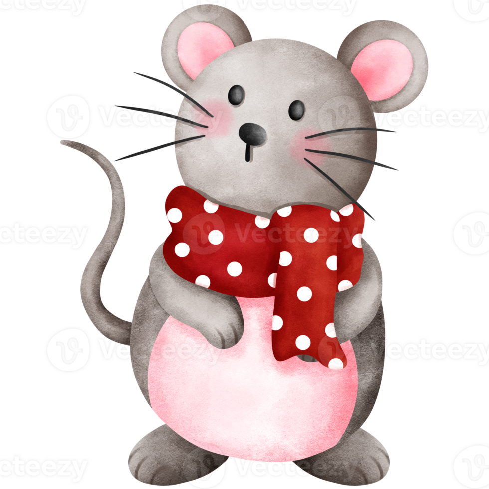 Adorable watercolor christmas baby mouse illustration with red scarf.Christmas animal clipart. png