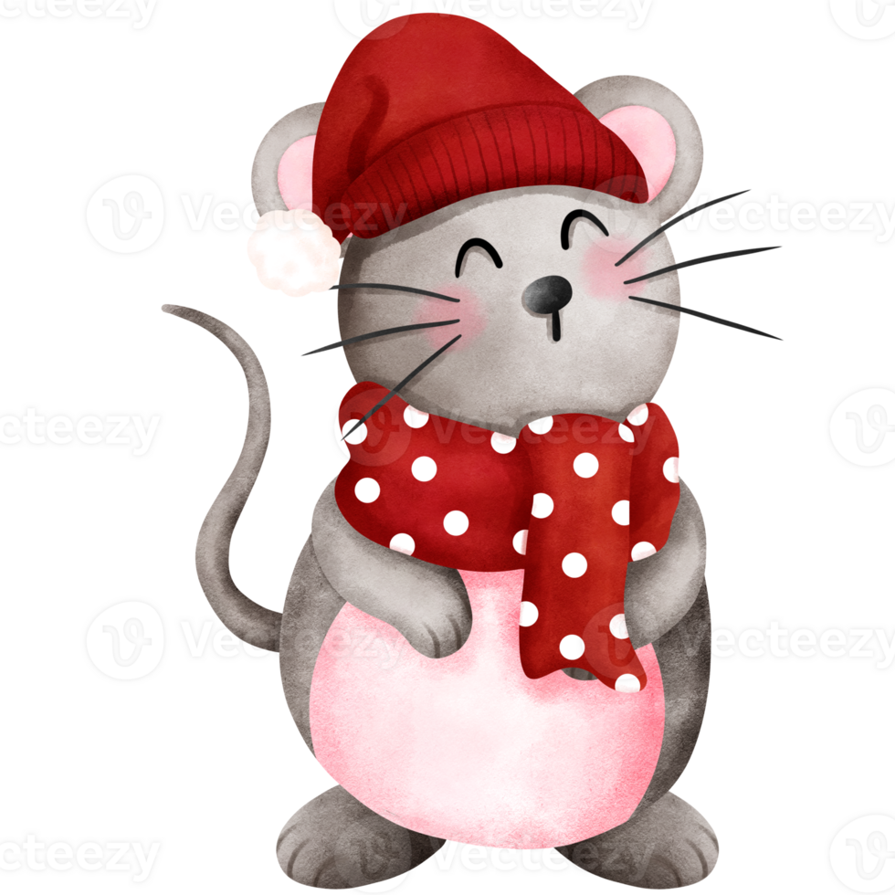 Adorable watercolor christmas baby mouse illustration with red santa hat and scarf. png
