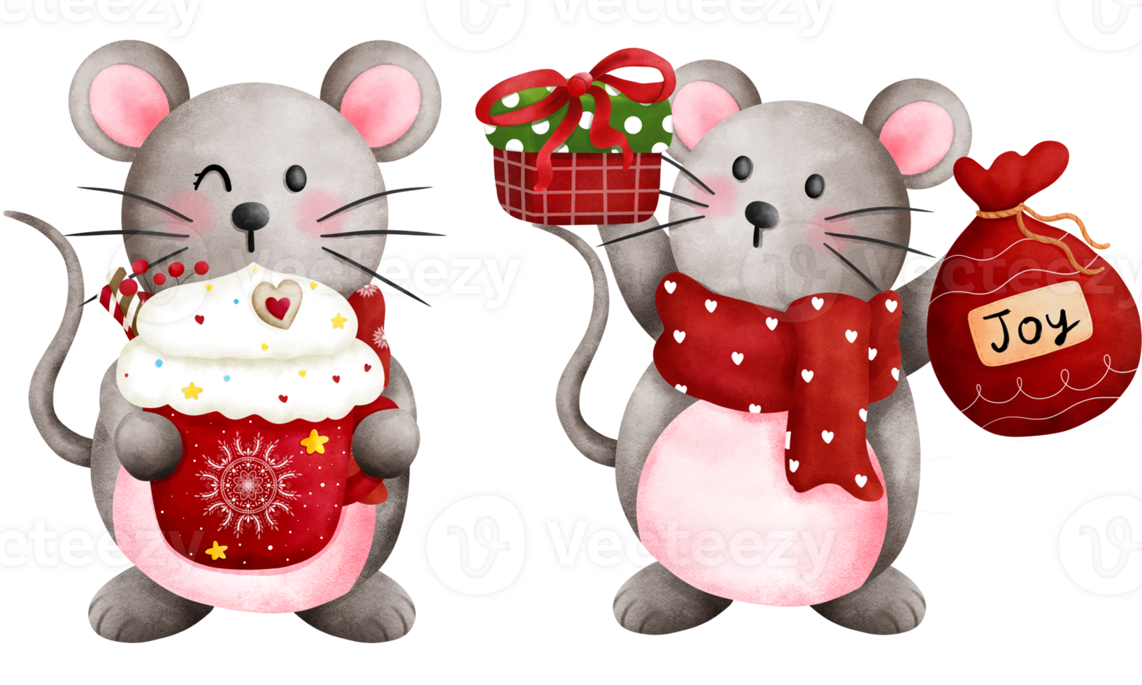 Set of cheerful watercolor christmas baby mouse in red scarf illustration with christmas ornaments. png