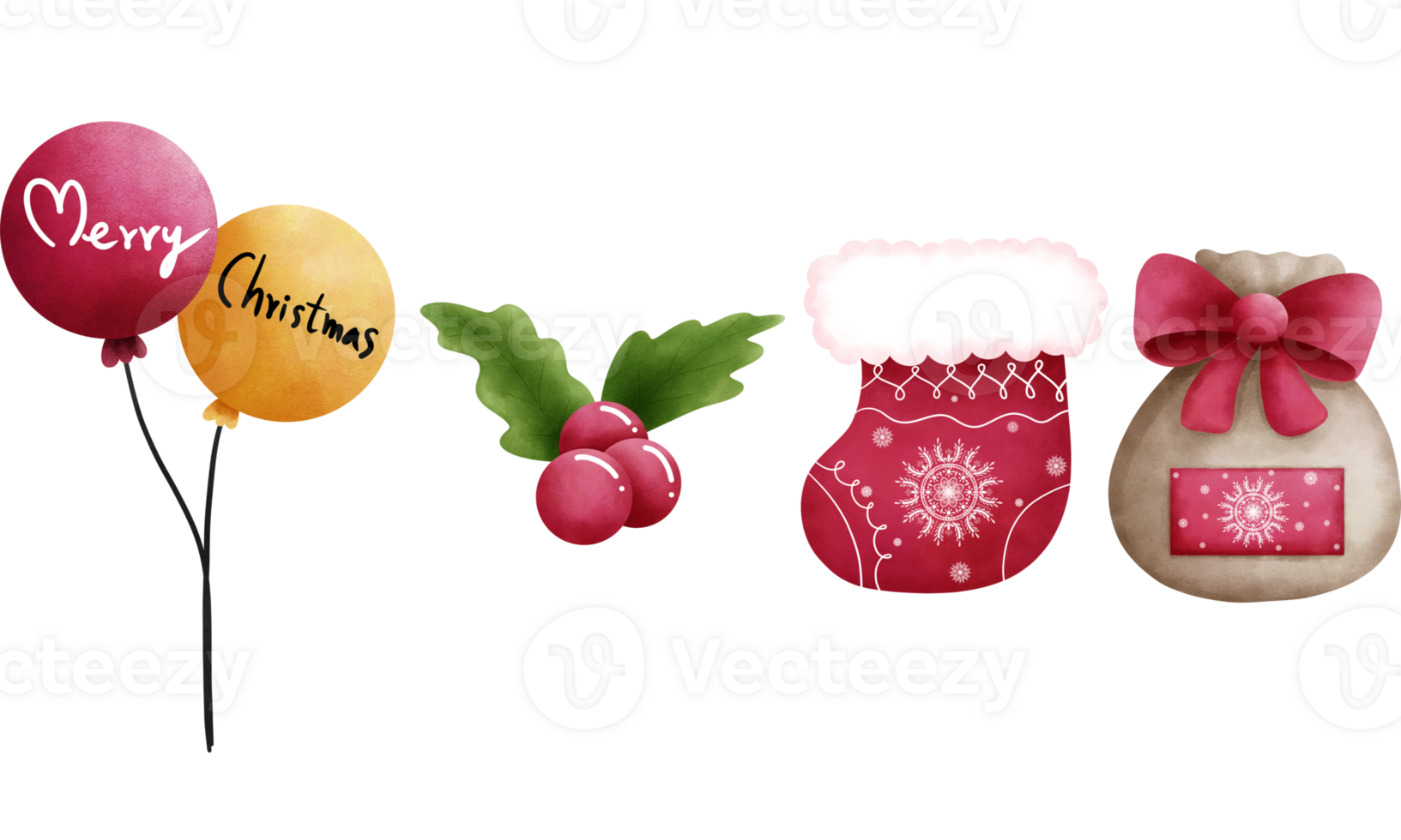 Set of christmas ornaments clipart. Christmas sock,santa sack,balloons and holly berries illustrtation. png