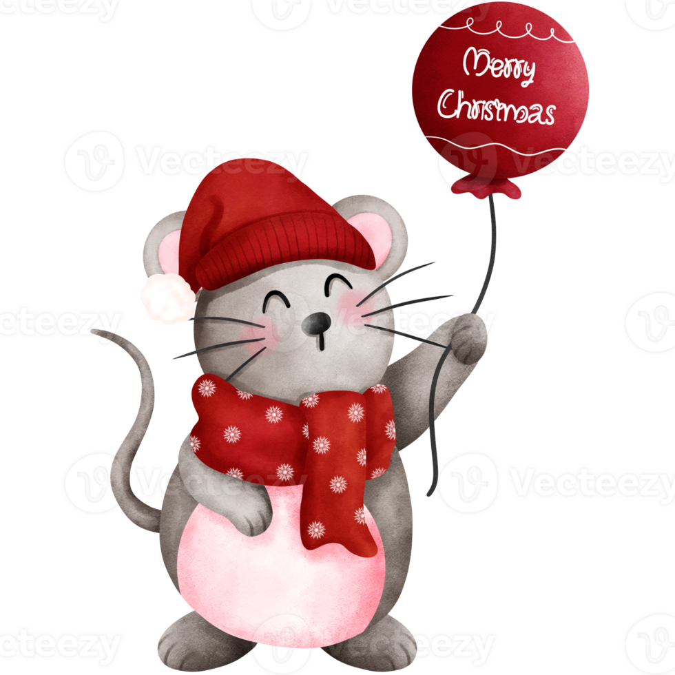 Cheerful watercolor christmas baby mouse illustration with red balloon. png