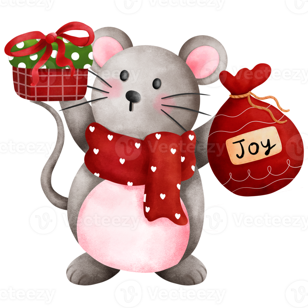 Cheerful watercolor christmas baby mouse in red scarf illustration with red gift box and santa sack. png