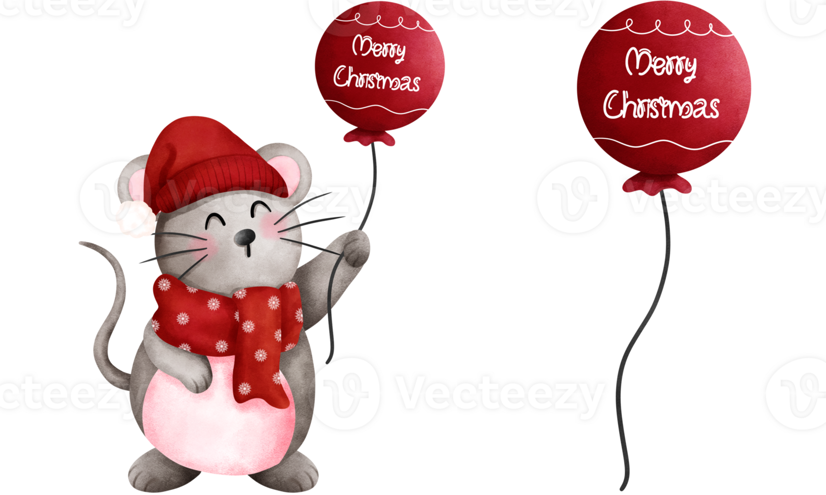 Set of adorable watercolor christmas baby mouse in red santa hat and scarf with balloons illustration. png