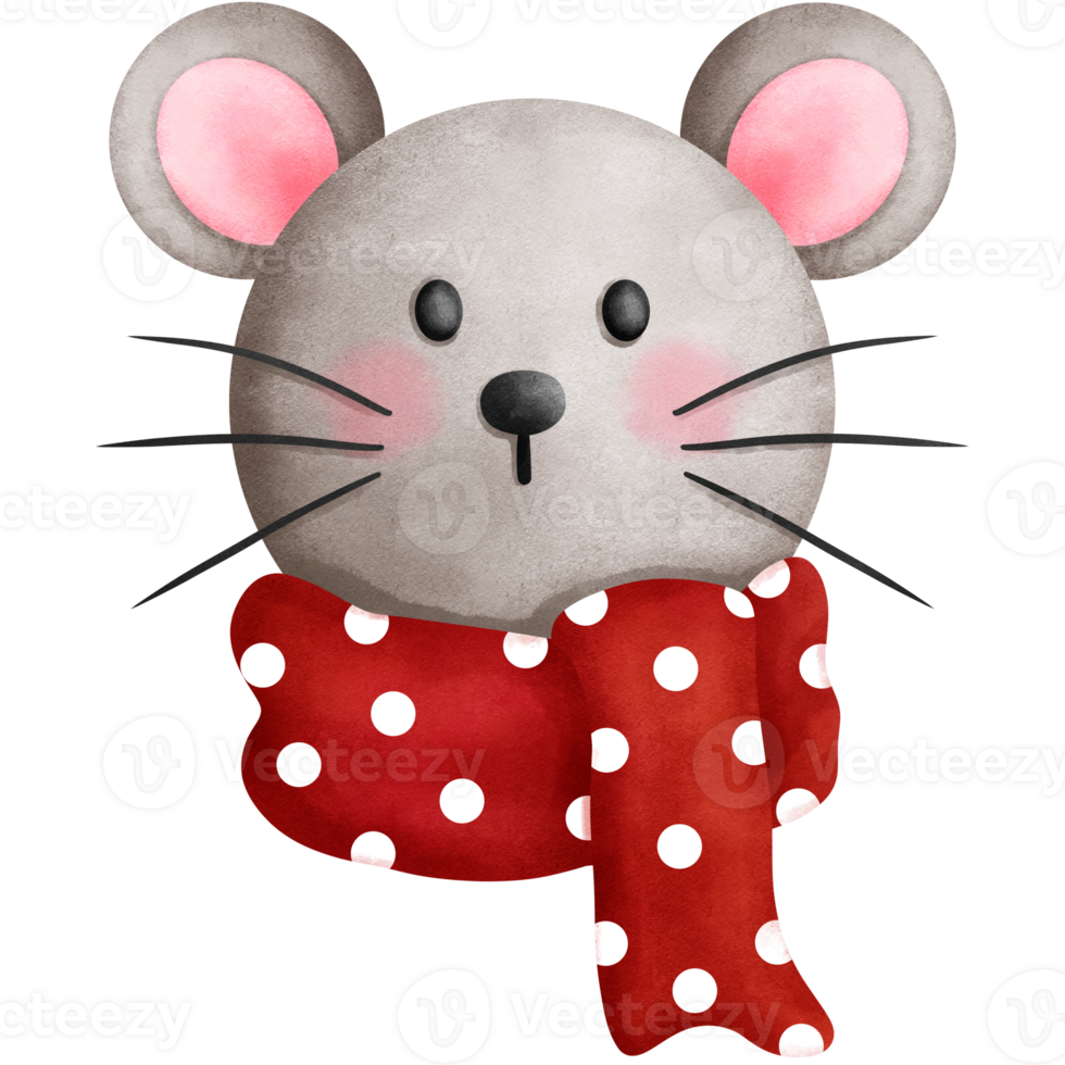 Watercolor christmas baby mouse illustration with red scarf.Christmas animal head clipart. png