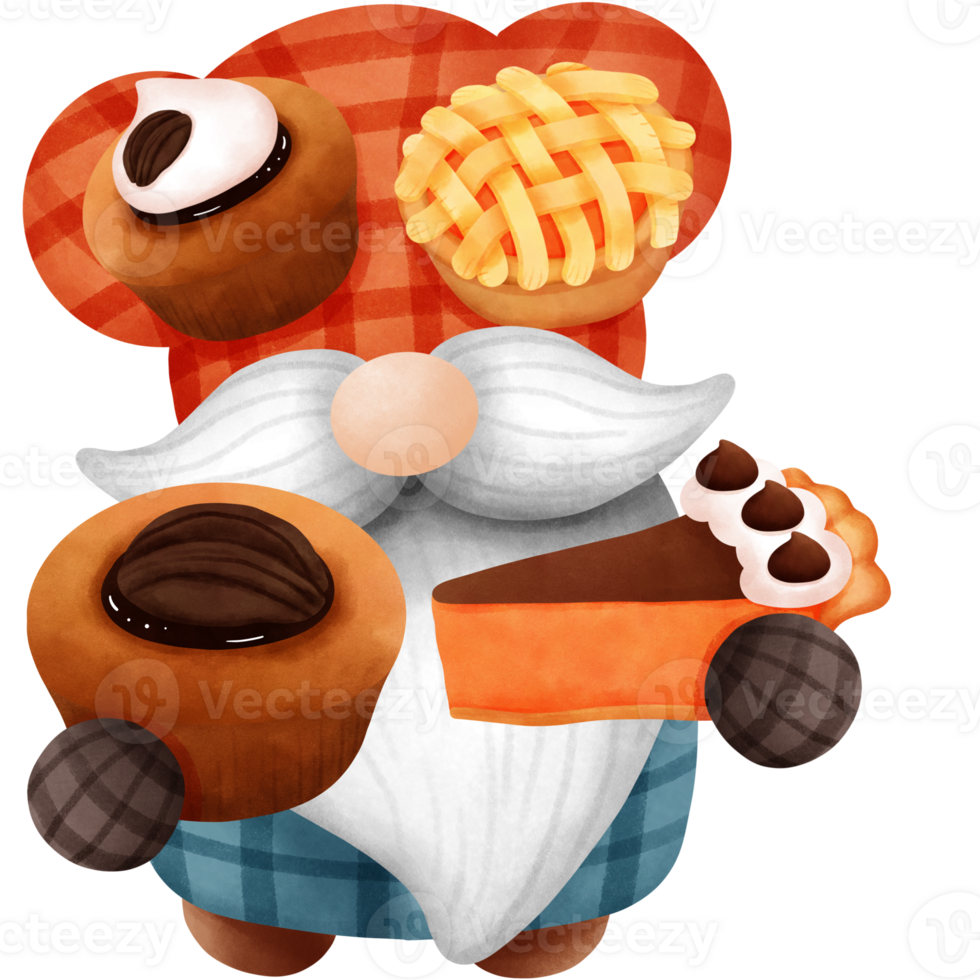 Thanksgiving  gnome with pumpkin cake and pumpkin spice clipart.Watercolor fall and autumn decoration. png