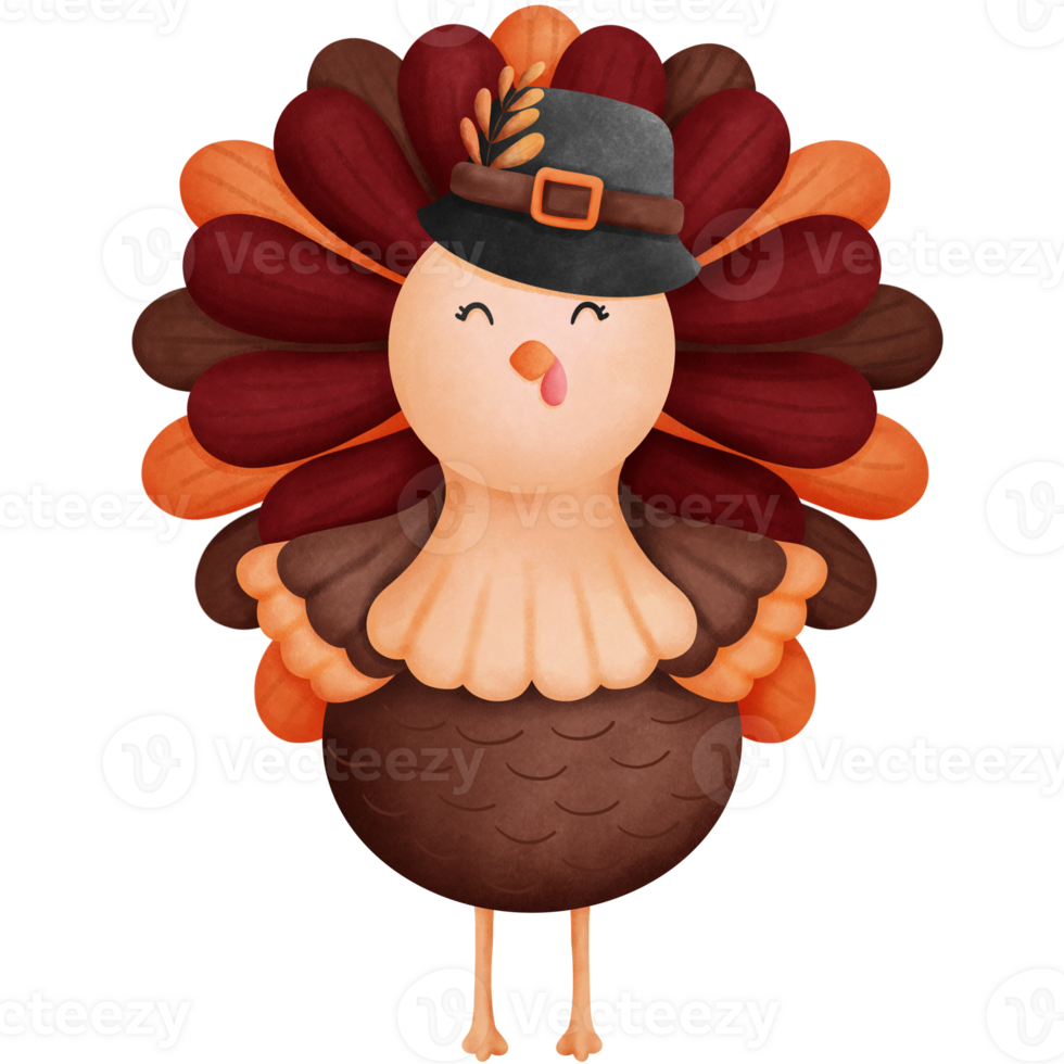 Cute watercolor thanksgiving turkey with vintage hat clipart. png