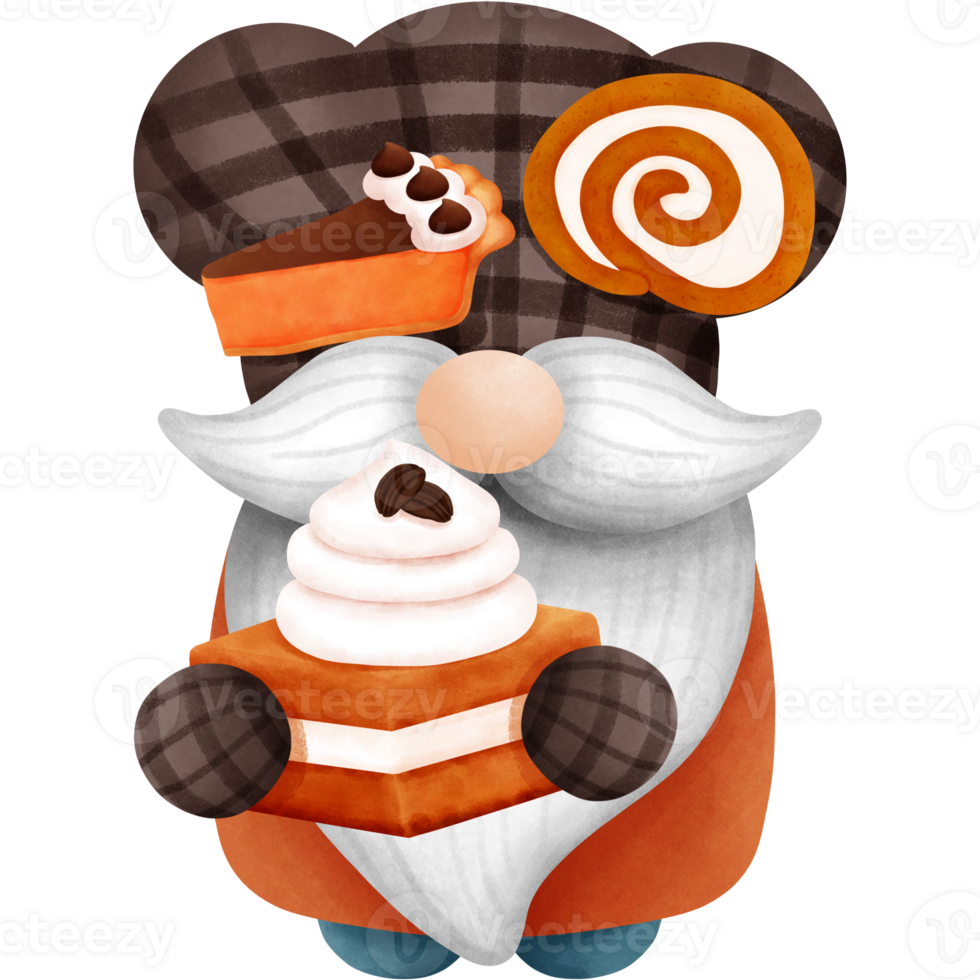 Thanksgiving gnome with pumpkin cake and pumpkin spice clipart.Watercolor fall and autumn decoration. png