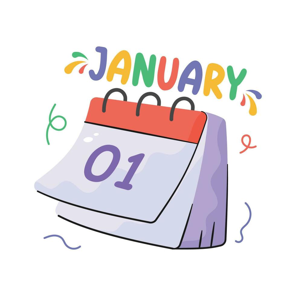 1st january date on calendar showing concept flat sticker of happy new year calendar icon, hand drawn vector of new year calendar