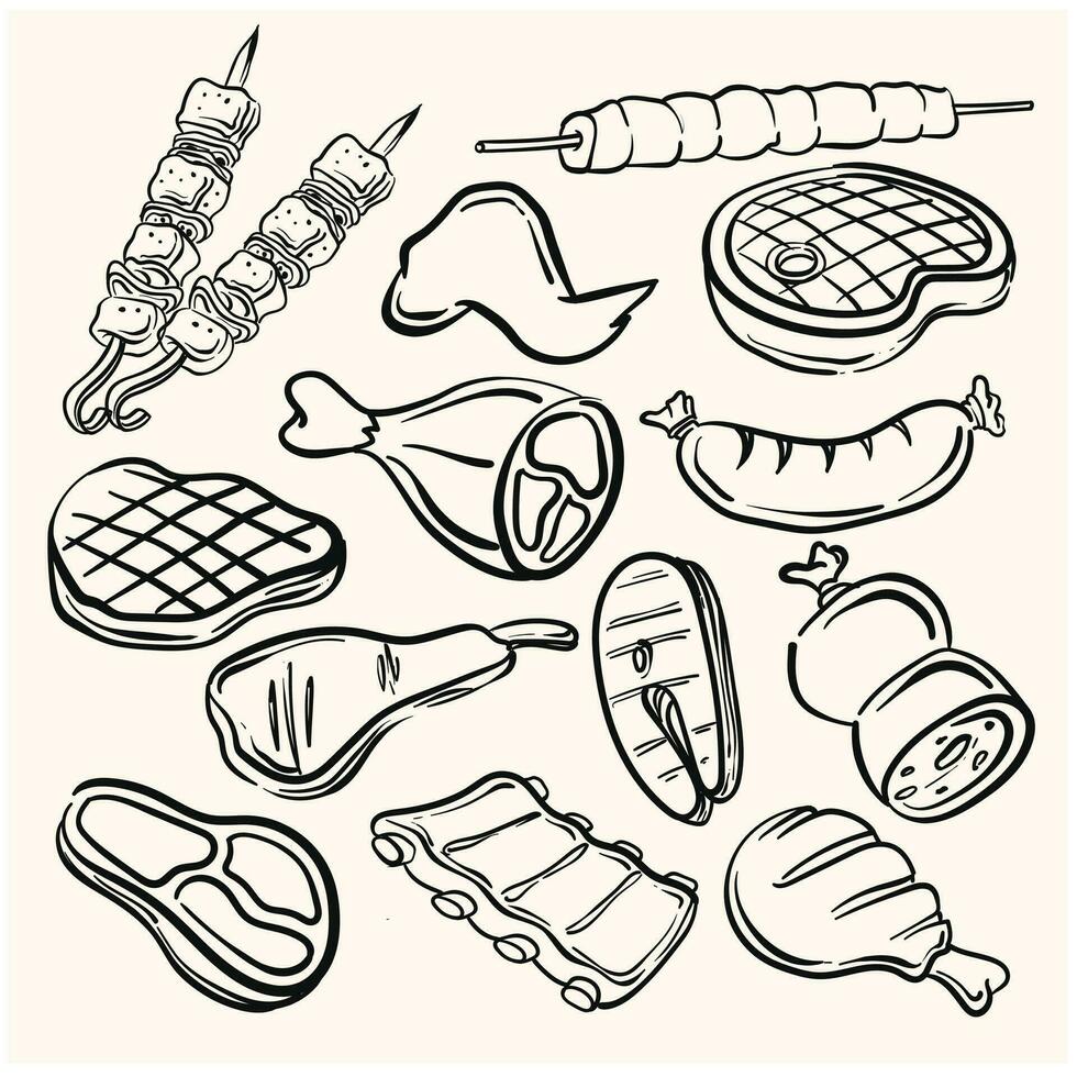 A set of meat and poultry hand drawn in doodle line art style and cream colored background vector
